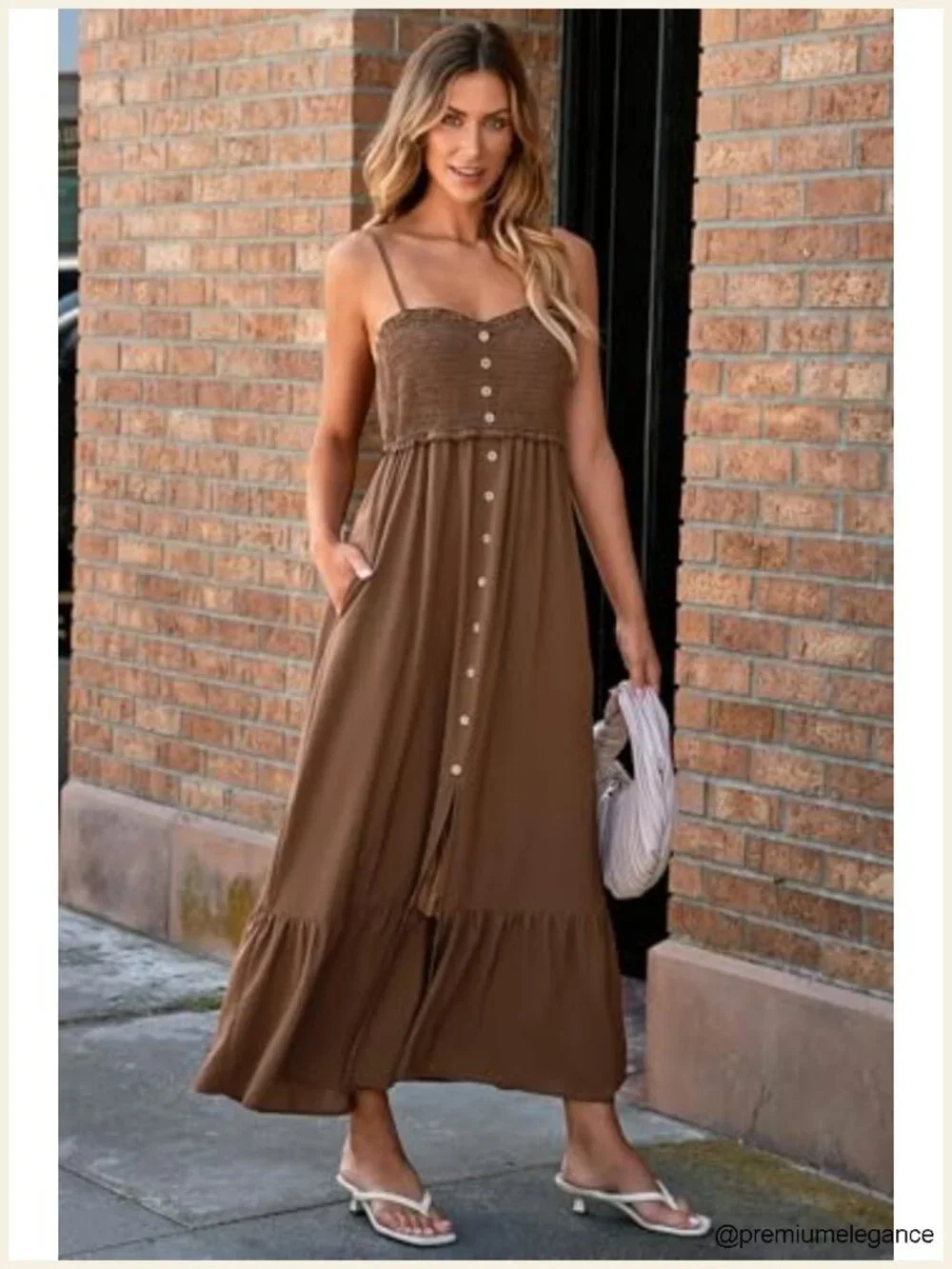 Sleeveless Spaghetti Strap Smocked Button Down Maxi Dress with Pockets - Picture 3 of 6